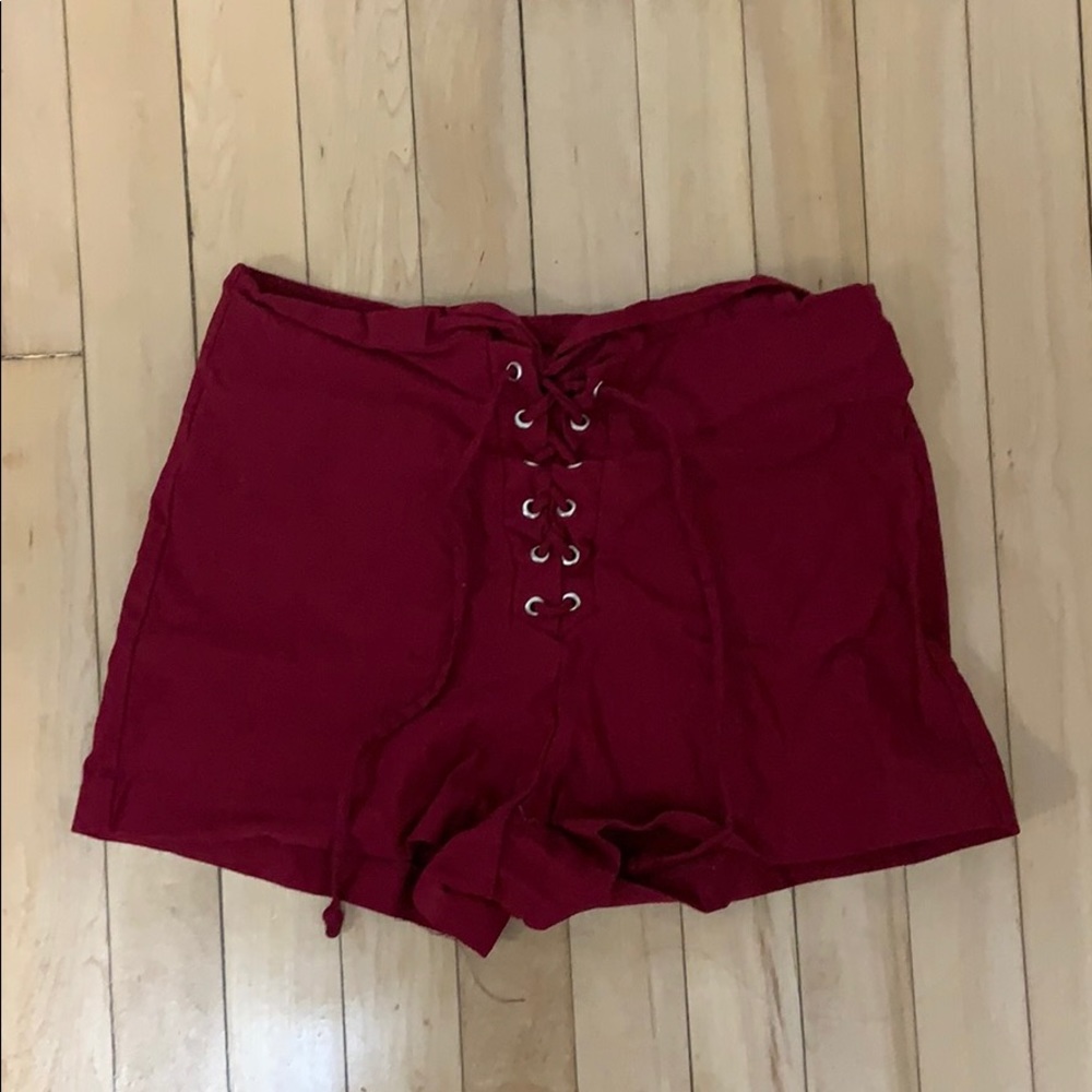 Red high waisted tie shorts